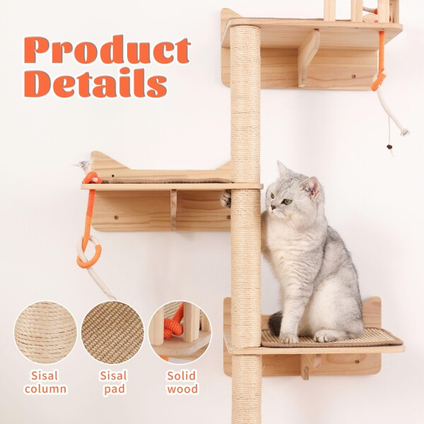 MIUZMORE 壁掛け式キャットツリー 7点セット ? 猫用ウォールシェルフ＆パーチ、麻縄爪とぎポール付き 木製キャットタワー 室内猫の登り・爪とぎ・休憩 多頭飼い・大型猫対応 猫キャッ_3