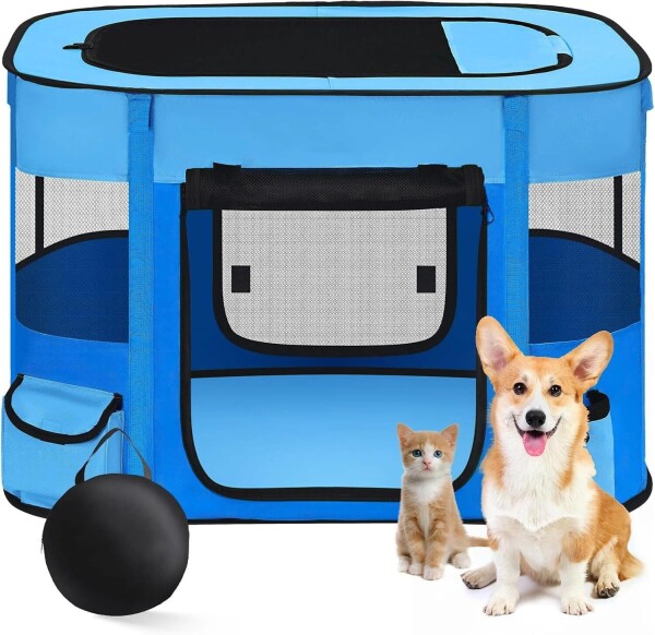 Floving 長方形 ペットサークル 折りたたみ 猫 犬 ケージ 組立簡単 キャリーバッグ付き ペットハウス サークル 軽量 コンパクト 防災ペットケージ 屋内 屋外 猫の分娩室 メッシュサークル(