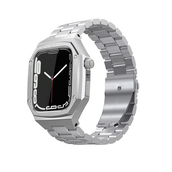 Apple Watch バンド メタル ケース 45mm アップルウォッチバンド 頑丈なステンレスベルト iWatch Series 44mmに対応 保護 バンパーカバー 内臓強化ガラス 耐久性 耐衝撃 おしゃれ 装着簡単 長さ調