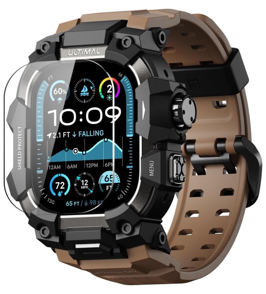 ULTIMAL に対応 Apple Watch Ultra 3/Ultra 2/Ultra（49mm）用 バンド一体型保護ケース 強化ガラスフィルム付き TPU 耐衝撃 高耐久 簡単装着 通気性 アウトドア/スポーツ向け コーヒー色
