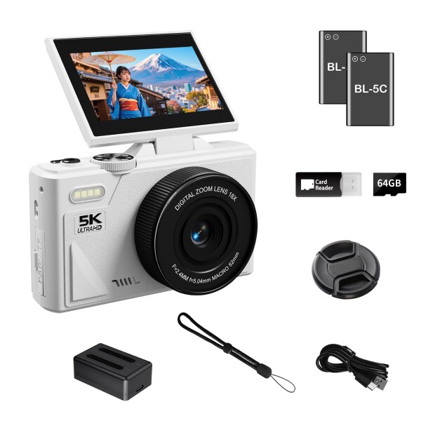 5Kデジタルカメラ WiFi搭載 7500万画素 オートフォーカス 3インチ180°回転スクリーン Vlogカメラ 18倍デジタルズーム 軽量 コンパクトカメラ 64GB SDカード付き リチウムイオン電池 2 個付き初