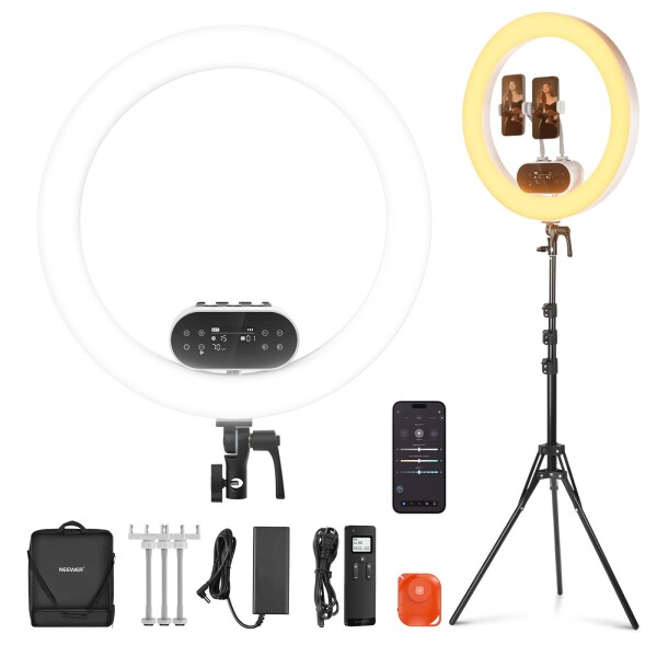 NEEWER 19インチ LEDリングライト 100W 高出力 撮影ライト APP&amp;2.4G制御 iPhone対応 三脚スタンドと3つのスマホホルダー付属 2900-7000K 色温度 0-100%無段階調光 CRI97+ 高演色 女優ライト 自撮り/メイ