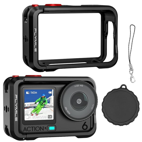 DJI Osmo Action 6 対応 カメラケージ 保護フレーム ブラケット アルミニウム合金製 多機能拡張アクセサリー シリコンレンズキャップ付き 全面防護用アクセサリー (ブラック シングル開き)