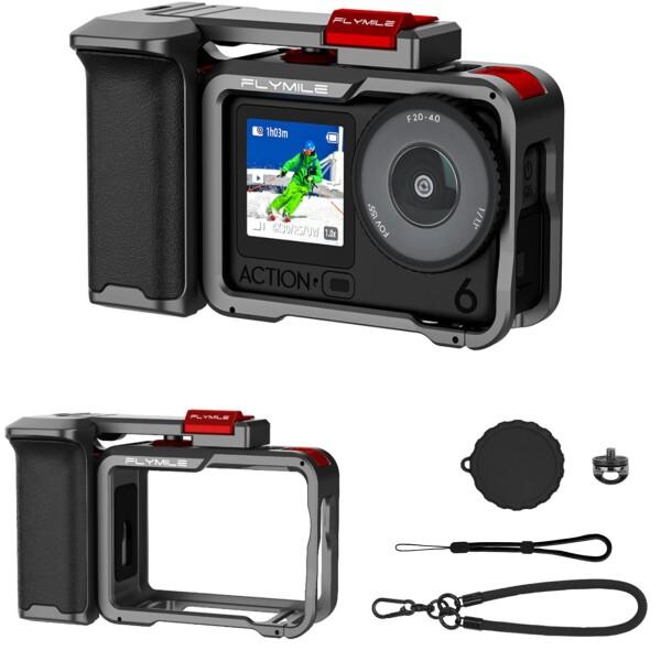 DJI Osmo Action 6 対応 カメラケージ キット グリップホルダー シャッターボタン付,レンズキャップ 紛失防止用ストラップ 付き