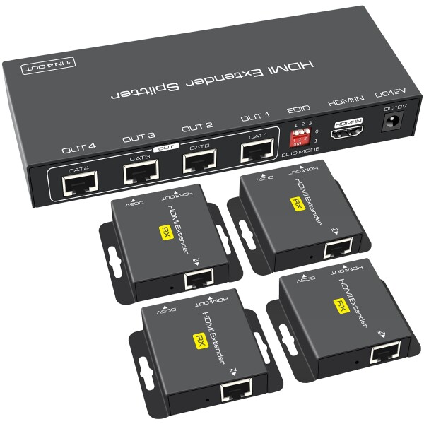 HDMI エクステンダー 4分配 同時出力 有線LAN スプリッター 4出力 延長器 1080P@60Hz PC PS5 PS4対応 HDMI Splitter Extender 単電源 出力側 TV モニター プロジェクター対応