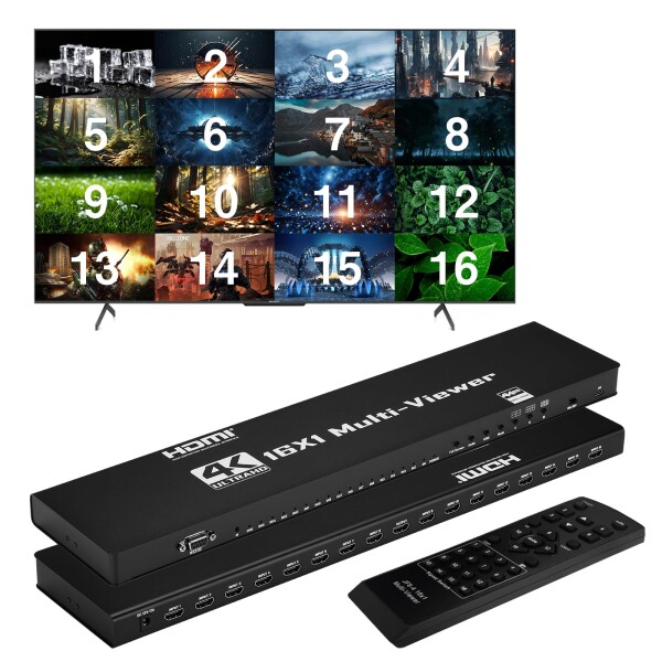 4K@30Hz HDMI 画面切り替え器 16x1 HDMI画面分割切替器 16入力1出力 17分割モード RS232 16画面 同時表示 画面 切替器 マルチビューアー テレビ専門店 売り場 DVD プロジェクター ゲーム機 など (IR