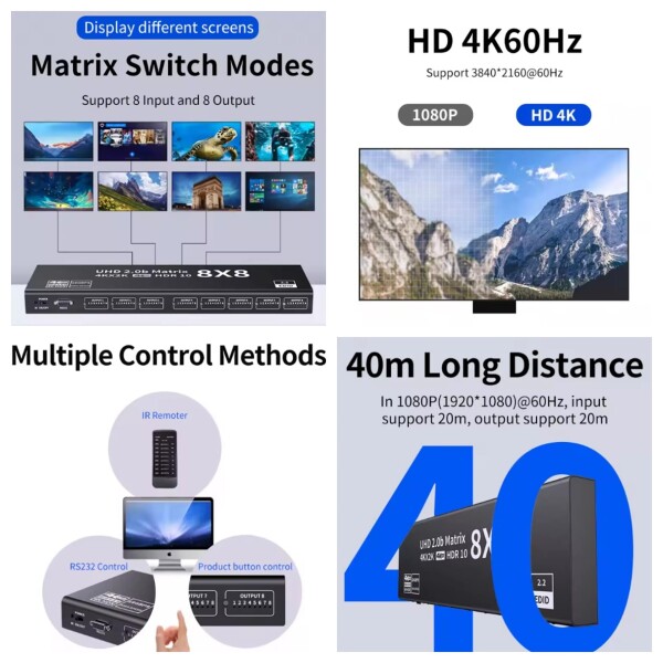 HDMI2.0 HD デジタル 8X8 マトリクス、4K/60HZ/1080P144HZ の TV のモニターへの PC のための 8X8 スイッチャのディバイダー RS232 IR リモート・コントロール_5