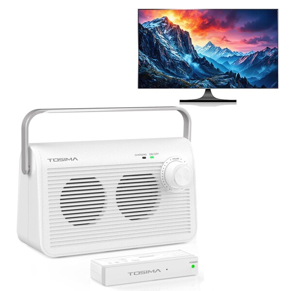 TosimaTV テレビ用ワイヤレス手元スピーカー 高齢者向け 30m伝送 920MHz帯 充電式 耳元 音量ダイヤル簡単操作(ホワイト) (TV-9000)