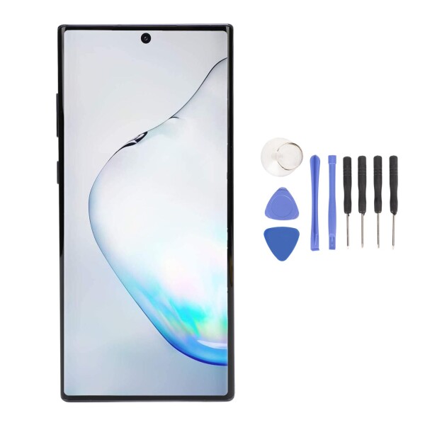 Note 10 Plus用LCDスクリーン交換用、分解ツール付きLEDタッチスクリーンデジタイザーアセンブリ、指紋認証対応、フレーム付き、出荷前に厳格なQCテスト (BLACK)
