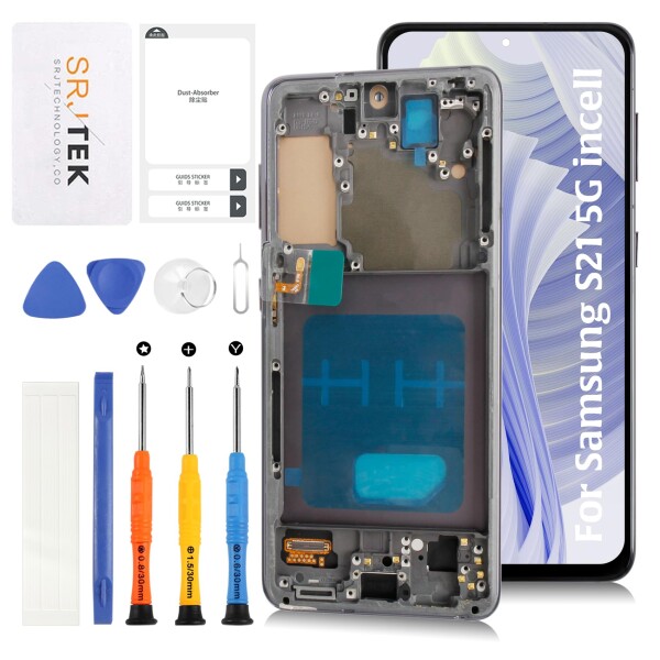 SRJTEK InCell For Samsung Galaxy S21 5G SM-G990 『指紋認証機能は含まれない+Phantom Grayフレーム付き』 LCD液晶パネル画面交換修理用タッチパネルデジタイザーモデルに対応 LCDディスプレイタッチス