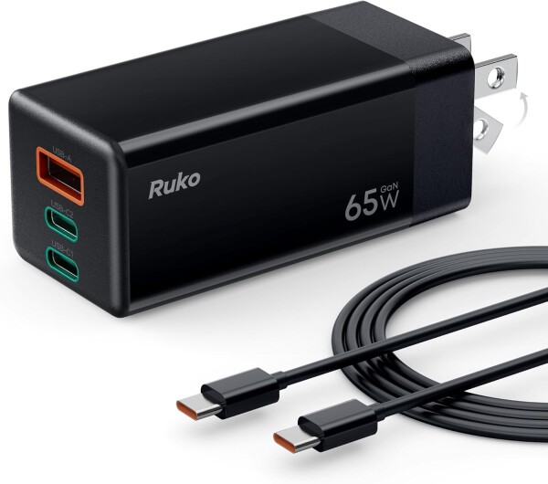 Ruko 65W 急速 充電器 Type-C 3ポートPD3.0 PPS GaNII 折り畳み式iphone17/16/15/MacBook/iPad/Galaxy/Android/PC/45w/30w対応 PSE適合 USB-Cケーブル付き (ブラック)