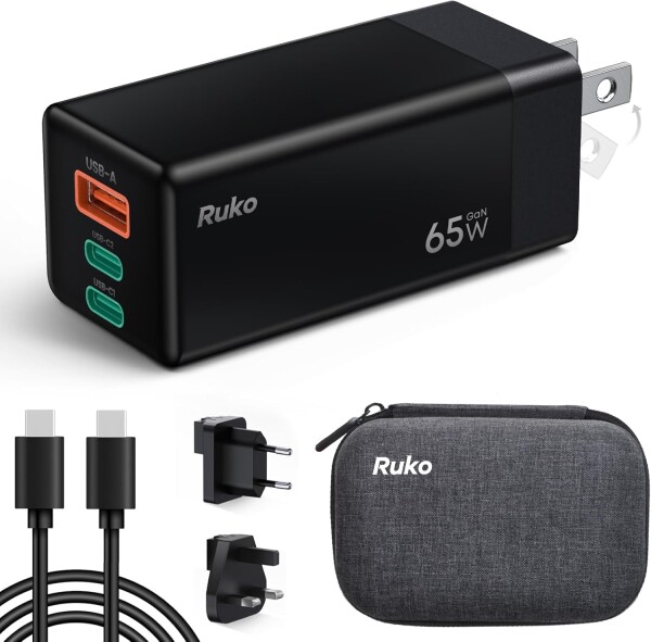 Ruko 65W 急速 充電器 Type-C 3ポートPD3.0 PPS GaNII 折り畳み式iphone17/16/15/MacBook/iPad/Galaxy/Android/PC/45w/30w対応 PSE適合 国際旅行充電対応 (ブラック)