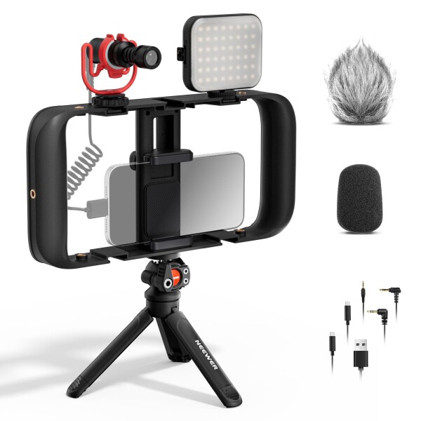 NEEWER BASICS スマホビデオキット スマホケージリグ+マイク+LEDビデオライト+三脚付き iPhone用ビデオブログセット YouTube/TikTok撮影/ビデオ録画/生放送/ポッドキャスト/Vlog用 YouTuber初心者向け