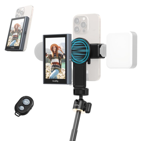 SmallRig スマホ Vlog 自撮りモニター iPhone & Android 対応 マグネット式スマホホルダー クリップマウント & ワイヤレスリモコン付き リアカメラ同期 自撮り Vlog ライブストリーム スマホ 映画