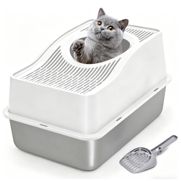 Kettnjoy 猫用トイレ ステンレス製 大型 フタ付き 上部出入口 高側面設計蓋 掃除簡単 防錆 ホワイト
