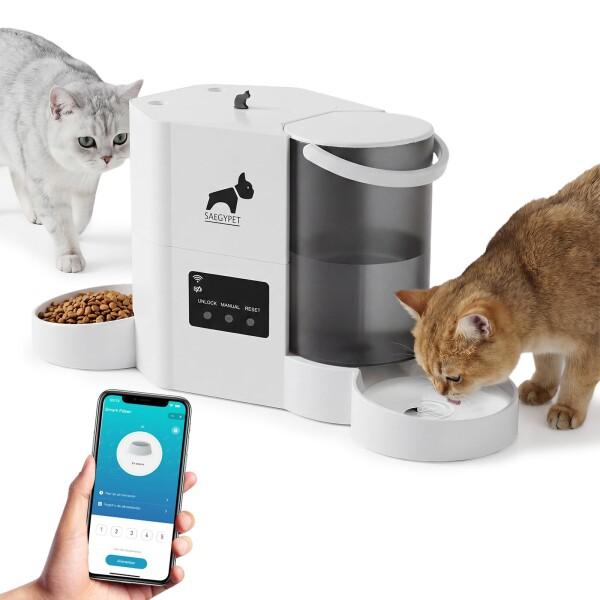 自動給餌器「SAEGYPET」2 in 1 自動給餌器3L大容量 給水器2L 猫 中小型犬用 1日10食 アプリ遠隔操作 定時定量 タイマー式 餌 2WAY給電 無制限置き場所 2.4GWi-Fi式 スマホ遠隔操作・操作簡単 お手