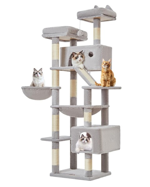 Taoqimiao キャットタワー 高さ180cm 大型猫用 多頭飼い対応 据え置き 省スペース 転倒防止付き 運動不足解消 安定感 天然麻紐の猫の爪とぎボード 特大猫ハウス付き 金属フレームハンモッ
