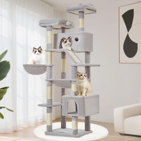 Taoqimiao キャットタワー 高さ180cm 大型猫用 多頭飼い対応 据え置き 省スペース 転倒防止付き 運動不足解消 安定感 天然麻紐の猫の爪とぎボード 特大猫ハウス付き 金属フレームハンモッ_8