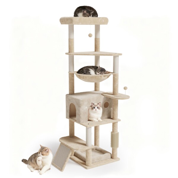 キャットタワー 大型猫 シニア猫 猫タワー 超厚い15mm木材使用 据え置き 多機能 毛磨き器付き 多頭飼い 安定感 登りやすい ハンモック 見晴台 ねこハウス 天然麻紐 爪とぎ 運動不足解消
