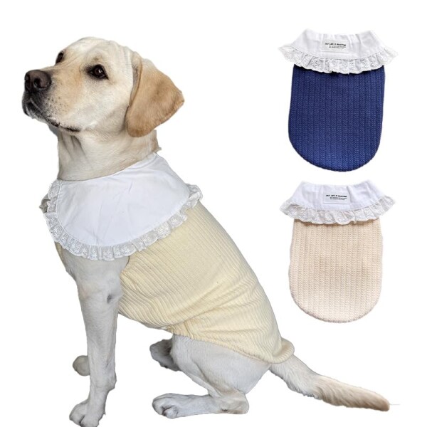 MT MON TReSOR 犬 服 大型犬用 ニット ベスト風 襟付き グレー リブ レース襟 可愛い おしゃれ 秋冬 暖かい ドッグウェア ゴールデンレトリバー ラブラドール対応 (ベージュ, 3XL)