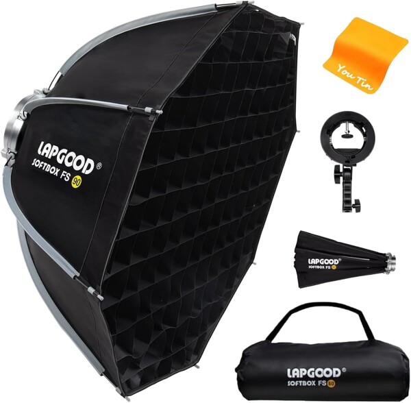 LAPGOOD ブラック ソフトボックス 90 cm / 35.5 インチ、ハニカム グリッド付きクイックリリース折りたたみ式、S タイプ フラッシュ マウント、Bowens マウント、キャリング ケース、スタジオ