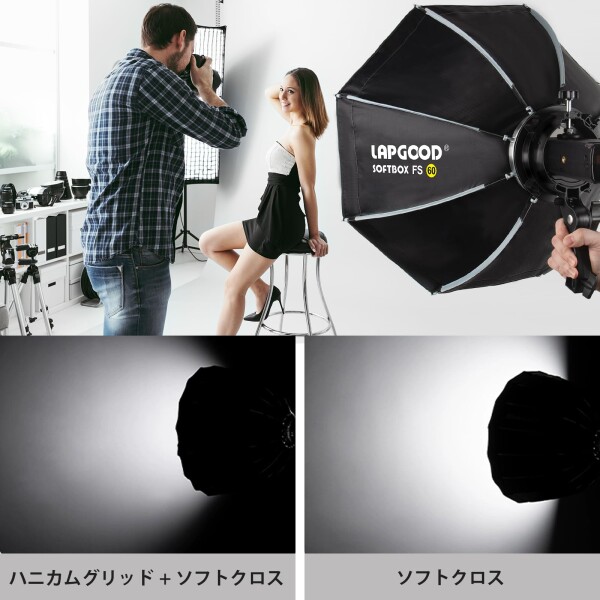 LAPGOOD ブラック ソフトボックス 90 cm / 35.5 インチ、ハニカム グリッド付きクイックリリース折りたたみ式、S タイプ フラッシュ マウント、Bowens マウント、キャリング ケース、スタジオ_7