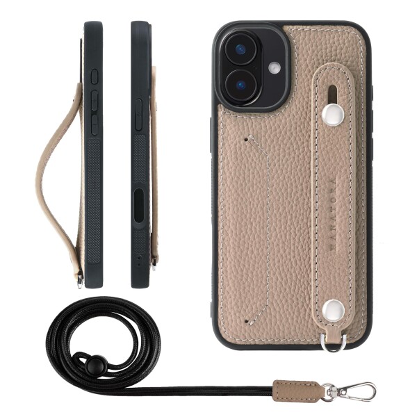 HANATORA for iPhone 16Plus ケース 本革 耐衝撃 背面ベルト ストラップリング スマホケース スマホ スタンド機能 ネックストラップ 付き カードポケット シュリンクレザー ギフト グレージュ CG