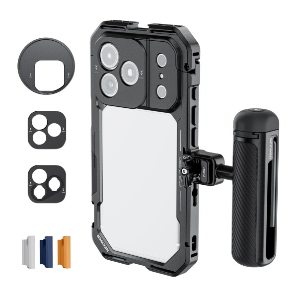 NEEWER スマホケージキット iPhone 17 Pro対応 ビデオリグスタビライザーアクセサリー 67mmフィルターリング/17mm&amp;Tマウントレンズバックプレート/クイックリリースBluetoothハンドル付き PA143(ブ