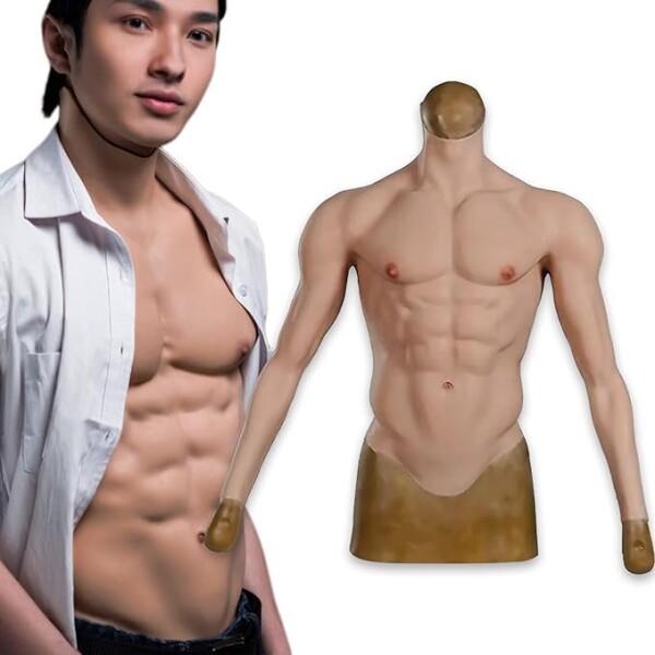 (Yuewen) 筋肉スーツ 通常版 半袖 長袖 ファスナー付き シリコン筋肉 シリコンスーツ マッチョスーツ 偽腹筋 偽筋肉 コスプレ 仮装 (アジア系黄色, L-半袖)