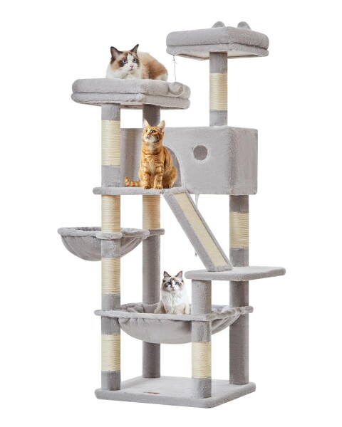 Taoqimiao キャットタワー 高さ 146cm 大型猫用 多頭飼い対応 据え置き式 猫タワー 省スペース 多機能 ライトグレー MS026W
