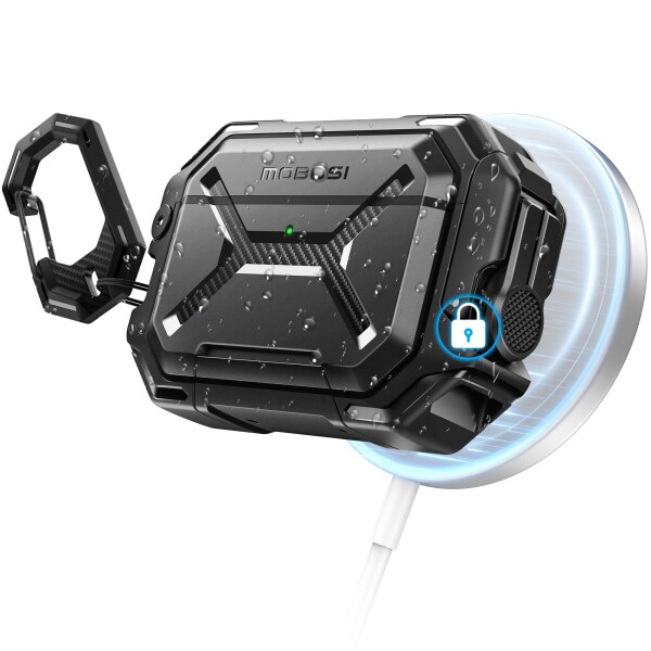 MOBOSI for AirPods Pro 3 ケース (IP68防水) (MagSafe対応)、ロック＆キーチェーン＆スタンド付きAirPod Pro第3世代ケース対応、軍用規格耐落下ハードシェル(2025)、ブラック