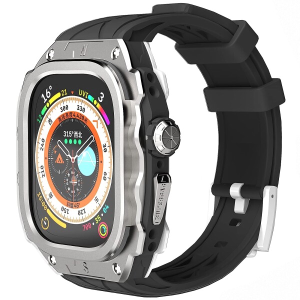 御膳上等金属元素入れもの Apple Watch Ultra 1/2 49粍ダンス楽隊 取りまかなう付き添い人 高耐久 手ごわいな入れもの シリコンストラップ 成人男性用盛りだくさん防御すること取りまかなう (Silver)