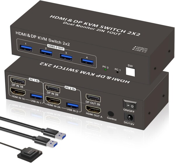 KVM 切替器 デュアルモニター スイッチ 2デスクトップPC 入力 4K 60Hz USB3.0 4口 キーボード マウス 共有 複数入力装置 切替 多ディスプレイ 同時表示 職場 テレワーク適用