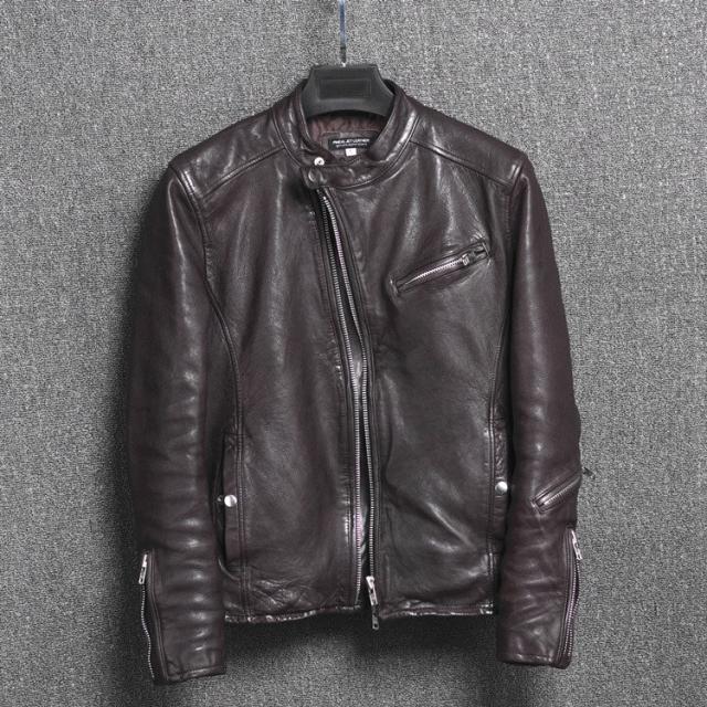 レザー ジャケット メンズ ラムレザー 高級ラム 羊革 皮 ラム革 柔らかい シングル ライダース リブ ブルゾン サイズ指定OK ブラック ブラウン_1