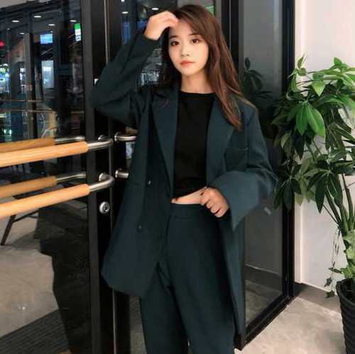 ツーピース スーツ セットアップ パンツスーツ ロングジャケット 長袖 Ｖネック 無地 グリーン ワイドパンツ ボタン シック スタイリッシュ 通勤 イベント 春 秋 レディース 20ス カジュドレ