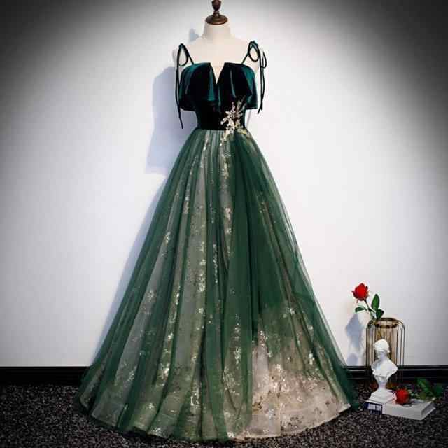 ロングドレス 演奏会 ベロア ベルベット イブニングドレス 緑 グリーン 高級 スパンコール 演奏会ドレス 発表会ドレス キャミ チュール 20代