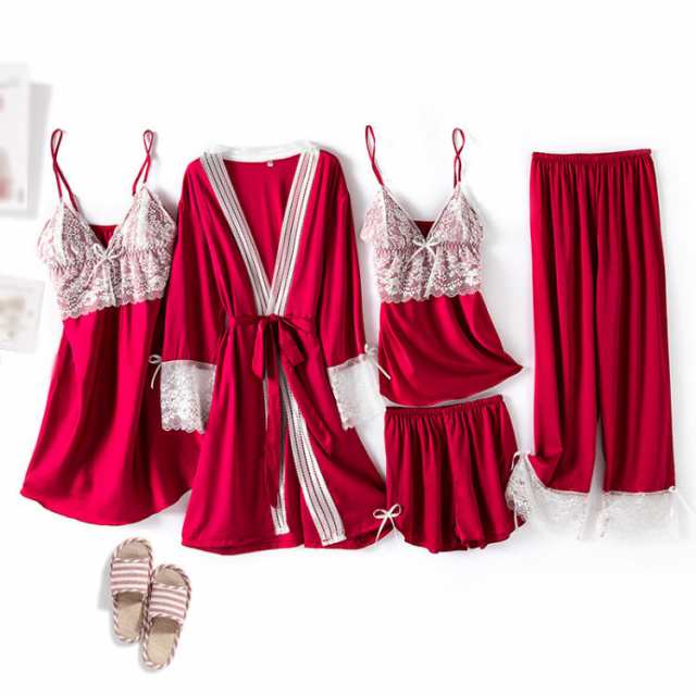 パジャマ レディース サテン 春 夏 秋 ルームウェア レース 長袖 ロング パンツ上下セット 前開き パジャマ 5点セット 部屋着 セット ナイトウェア おしゃれ 寝間着 キャミソール ルームワンピース 大きいサイズ 薄い JITIFA