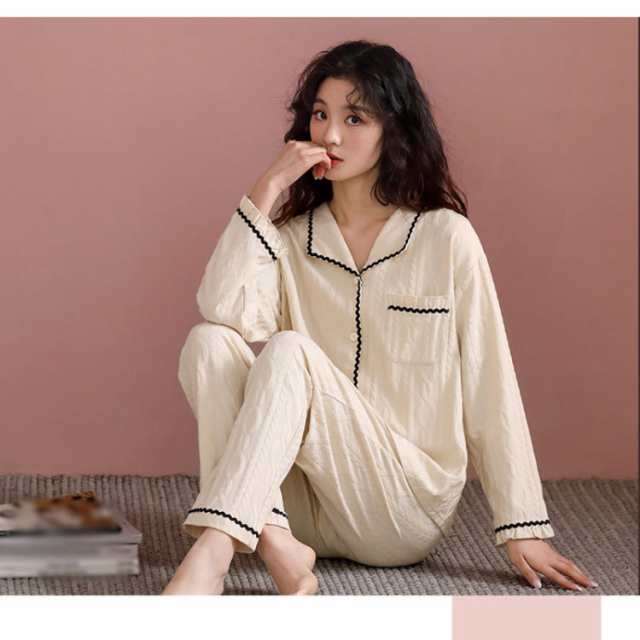 パジャマ Vネック 半袖 綿 薄手 シャツパジャマ 前開き ボタン付き ルームウェア レディース 上下セット フリル 寝間着 寝巻き 部屋着 吸汗 通気 春 夏 秋 シンプル オシャレ ロングパンツ ルームウェア ホームウェア JITIFA