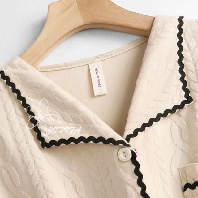 パジャマ Vネック 半袖 綿 薄手 シャツパジャマ 前開き ボタン付き ルームウェア レディース 上下セット フリル 寝間着 寝巻き 部屋着 吸汗 通気 春 夏 秋 シンプル オシャレ ロングパンツ ルームウェア ホームウェア JITIFA パジャマ Vネック 半袖 綿 薄手 シャツパジャマ 前開き ボタン付き