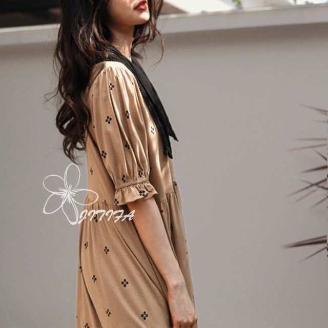 レディース スクエアネック パフスリーブ 五分袖 ネグリジェ 綿 ワンピース ナイトウェア プリント ひざ丈 ルームウェア 夏 優しい着心地 パジャマパーティ 部屋着 ゆったり おしゃれ エレガント かわいい 寝巻き JITIFA レディース スクエアネック パフスリーブ 五分袖 ネグリジェ 綿