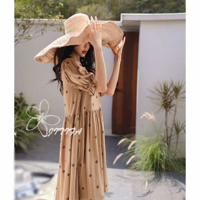 レディース スクエアネック パフスリーブ 五分袖 ネグリジェ 綿