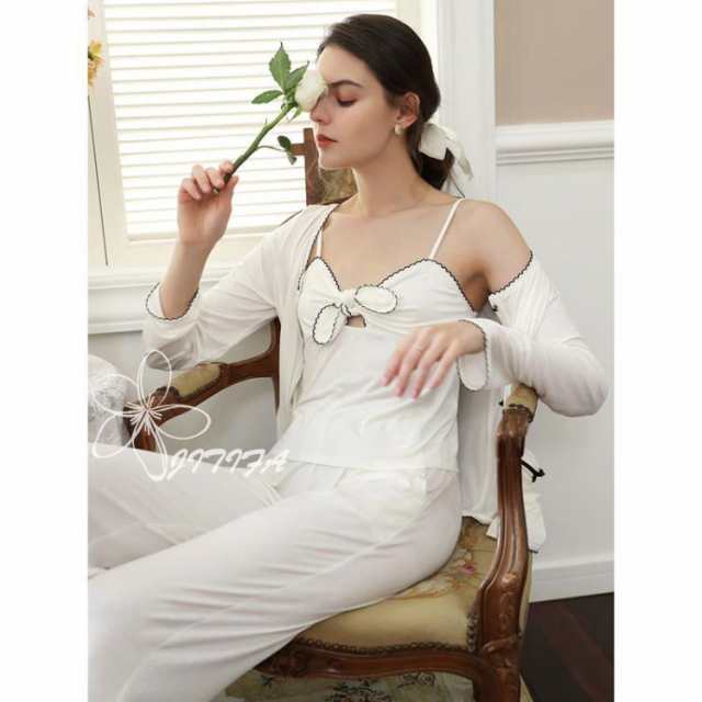 パジャマ レディース モダール ホワイト 上下セット 無地 Vネック