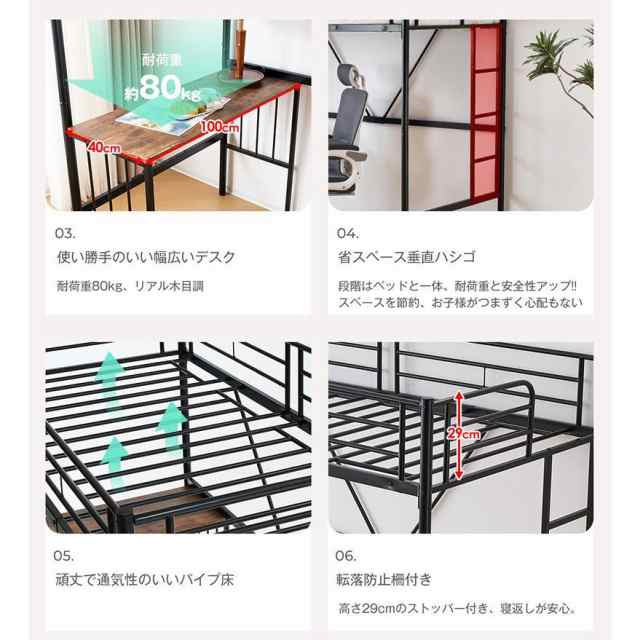 ロフトベッド シングル（A+B+C） パイプベッド シングル 木 北欧風