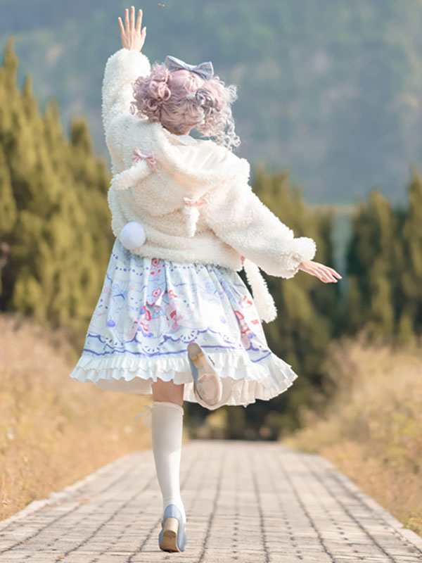 ホワイトロリータコートポンポンボウポリエステルオーバーコートカラーブロックボウロリータアウトウェア ホワイトロリータコートポンポンボウポリエステルオーバーコートカラー