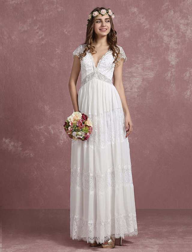 夏ウェディングドレス　ボーホースタイル　ビーチウェディングガウン　レースビーズシフォン　ディープVネック　キャップスリーブ　Aライ 夏ウェディングドレス ボーホースタイル ビーチウェディングガウン