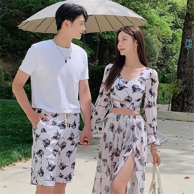 水着セット カップル水着 レディース タンキニ 長袖 ロングスカート ショートパンツ 柄物 メンズ 海パン サーフパンツ 男女ビーチウェア 夏ペアルック