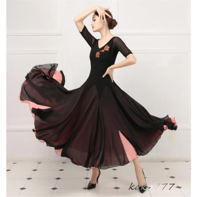 ワンピース レディース ロングドレス ラテンダンス ウェア パーティー 刺繍柄 モダンダンス コンクール 発表会 ナショナルダンス 社交ダンス ワルツ 舞台衣装