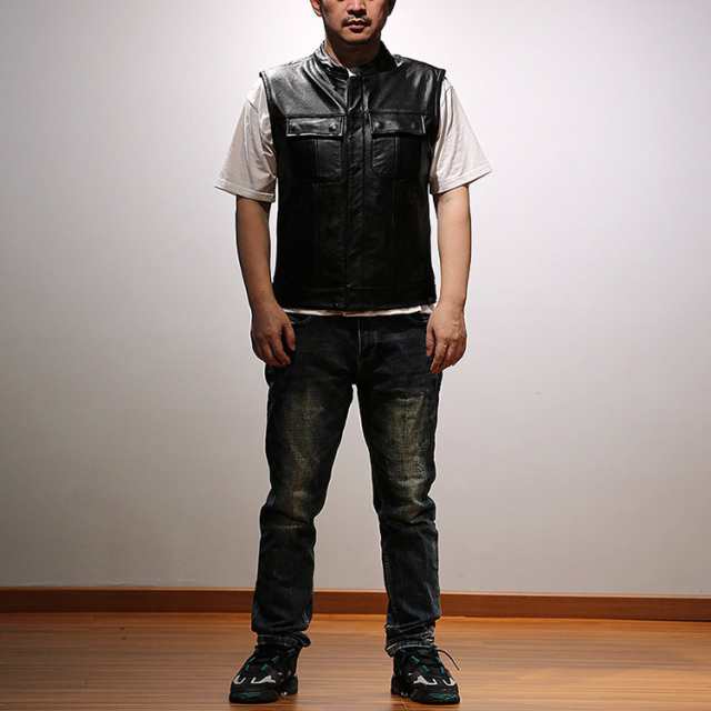 レザーベスト メンズファッション バイク革ベスト パンク風 ライダー