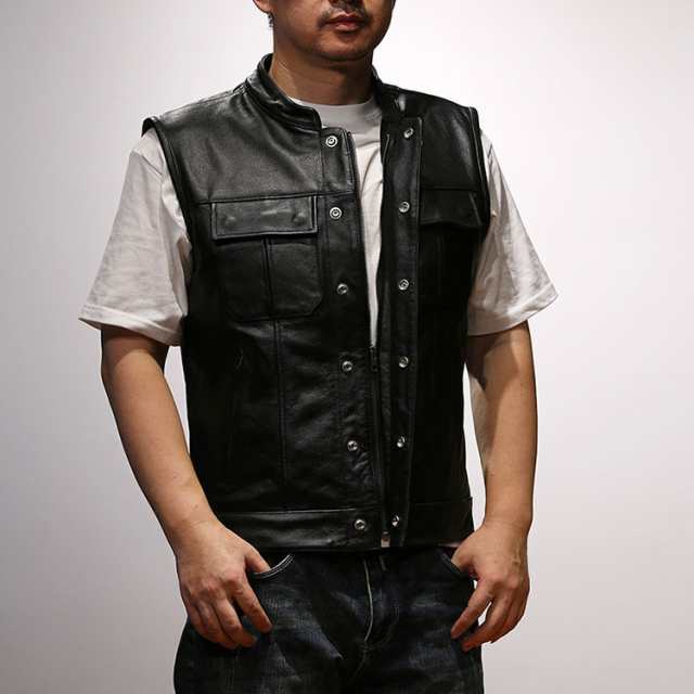 レザーベスト メンズファッション バイク革ベスト パンク風 ライダー
