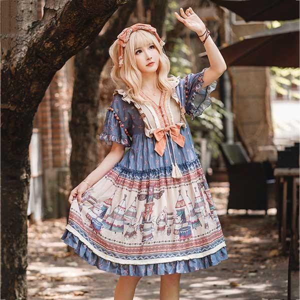 ワンピース レディース ロリータ ガーリー Aライン 半袖 コスチューム かわいい フリル リボン 仮装 ゆめかわ 髪飾り追加可 イベント ワンピース レディース ロリータ ガーリー Aライン 半袖 コスチューム